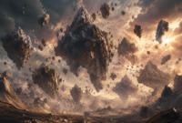 Ilustrasi ketika trompet isyrofil di tiupkan ,gunung-gunung beterbangan( chtaGPT )