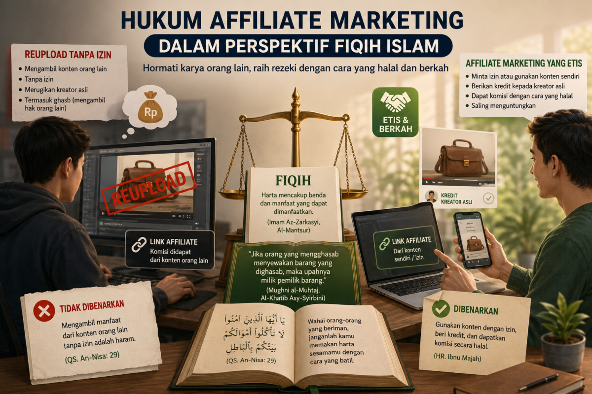 Ilustrasi ini menggambarkan perbandingan antara praktik affiliate marketing yang etis dan tidak etis dalam perspektif fiqih Islam.( poto : chatGPT ).