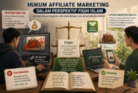 Ilustrasi ini menggambarkan perbandingan antara praktik affiliate marketing yang etis dan tidak etis dalam perspektif fiqih Islam.( poto : chatGPT ).