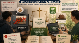 Ilustrasi ini menggambarkan perbandingan antara praktik affiliate marketing yang etis dan tidak etis dalam perspektif fiqih Islam.( poto : chatGPT ).