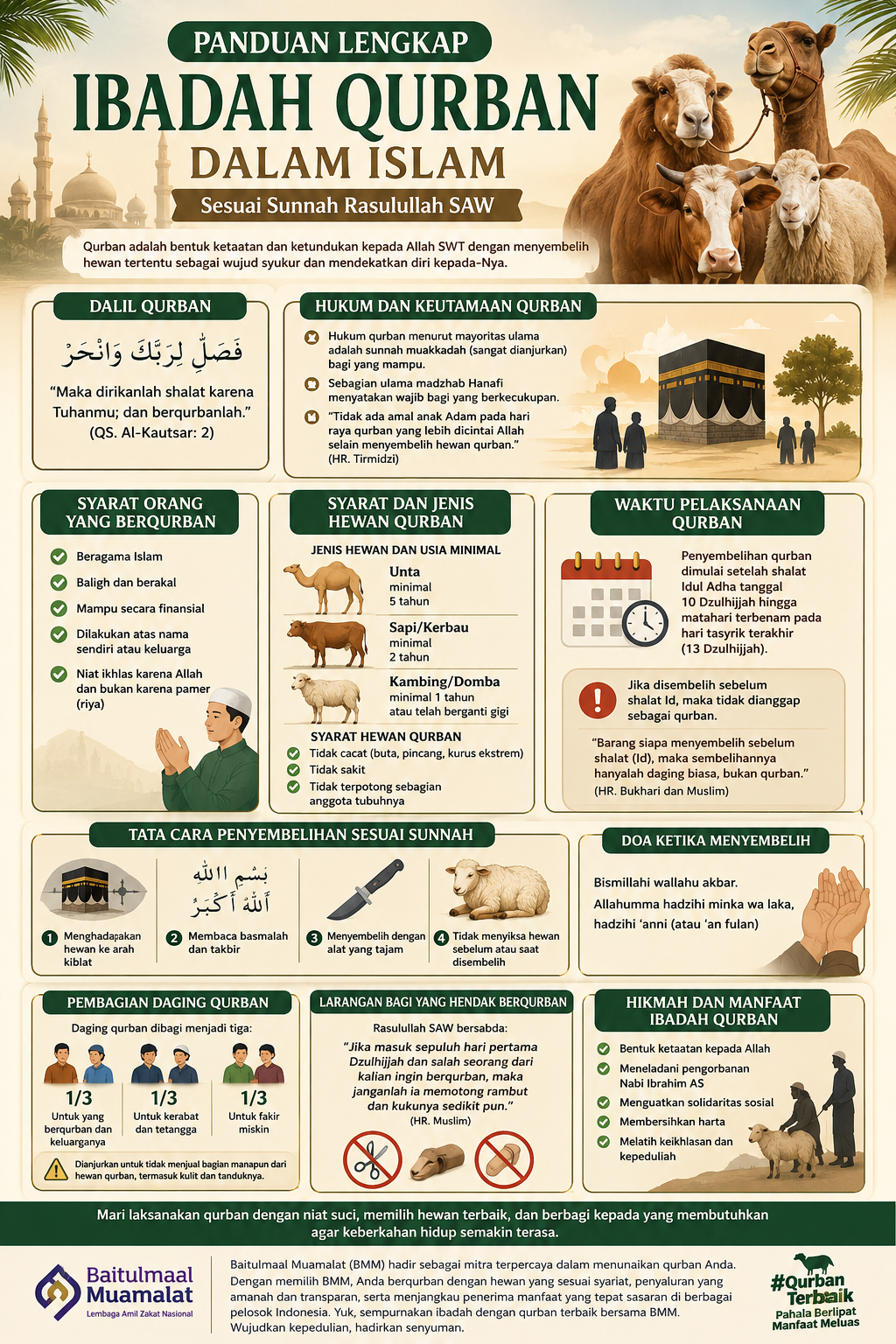 Panduan lengkap ibadah qurban dalam Islam sesuai sunnah Rasulullah SAW, membahas hukum, syarat hewan, waktu pelaksanaan, tata cara, dan hikmahnya secara jelas.( Poto : chatGPT ).