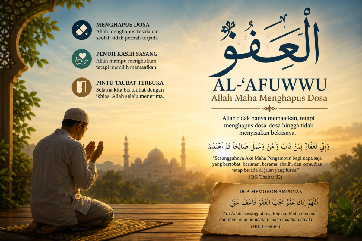 Al-‘Afuwwu adalah nama Allah yang menunjukkan sifat Maha Menghapus dosa hingga tidak tersisa bekasnya. Pelajari makna, dalil, dan keutamaannya dalam Islam.( Poto : chatGPT ).