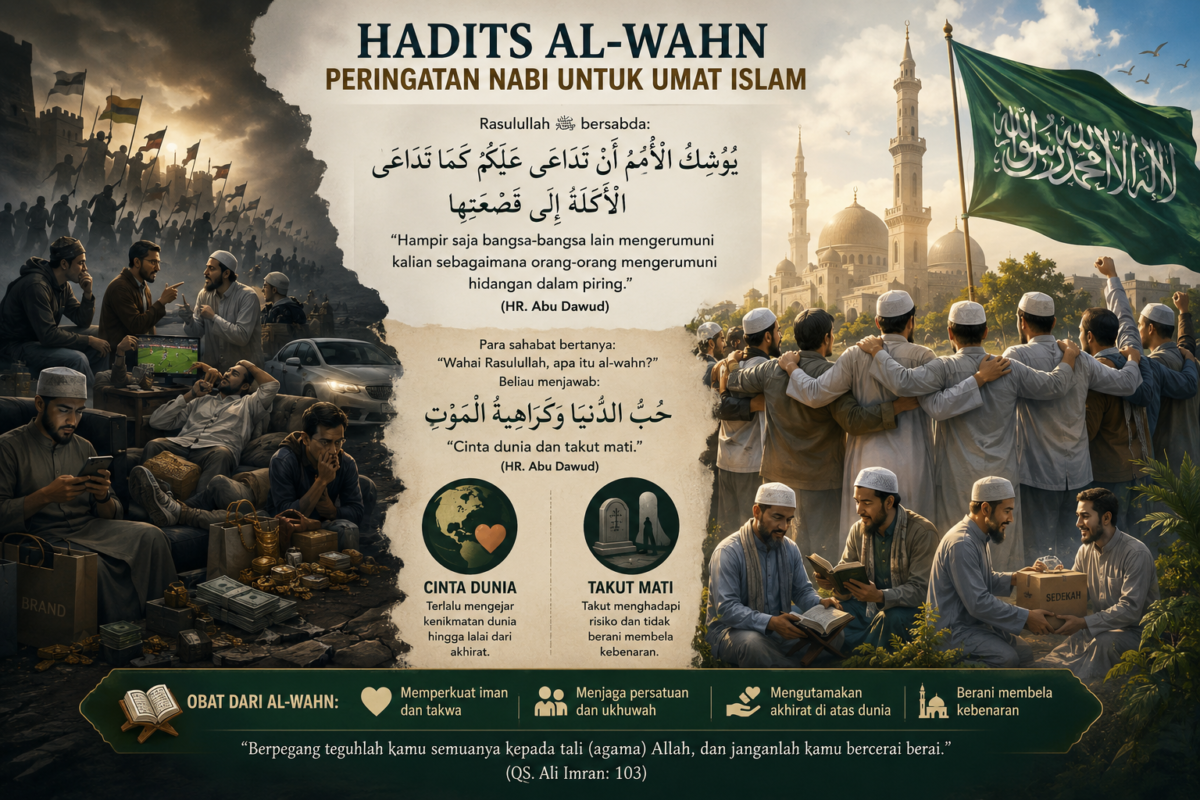 Ilustrasi hadits Al-Wahn tentang bahaya cinta dunia dan pentingnya persatuan umat Islam.( Poto : chatGPT ).