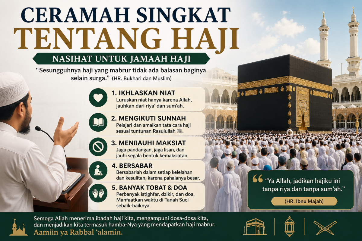 Ceramah singkat tentang haji berisi nasihat untuk jamaah haji agar menjaga niat, mengikuti sunnah, menjauhi maksiat, dan meraih haji mabrur.(  Ilustrasi Poto : chatGPT ).