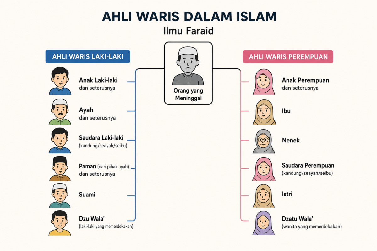 Infografis sederhana tentang ahli waris dalam Islam berdasarkan ilmu faraid dan ketentuan Al-Qur’an.( poto :chatGPT )