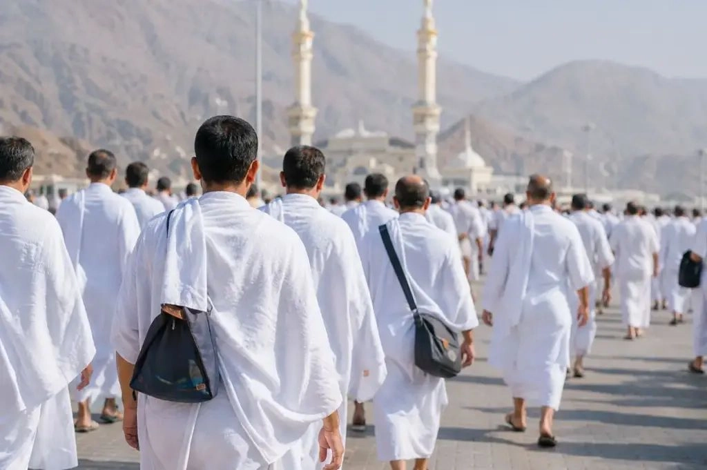 Jemaah Haji sedang memakai kain ihram ( poto : HIMPUH )