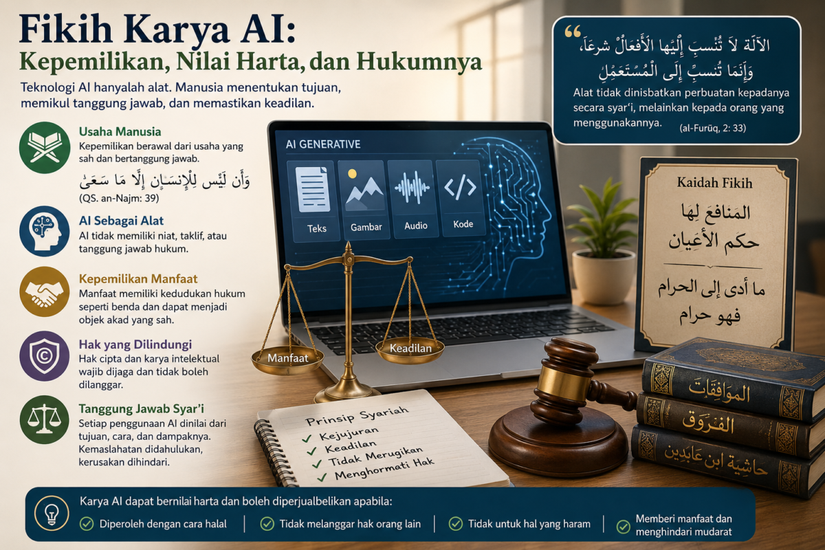 Kajian fikih karya AI tentang status harta, kepemilikan, akad, hak cipta, dan tanggung jawab syar‘i dalam muamalah modern.( poto : chatGPT ).