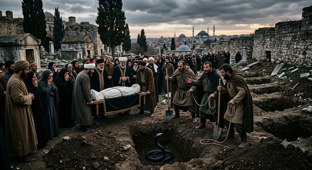 Ilustrasi Imam Al-Qurthubi mengungkap kisah mengerikan ular hitam di makam gubernur Konstantinopel.(poto: AI).