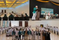 Owner Arasy Tour Indonesia, Ustaz Andre Satria, bersama narasumber dan calon jemaah saat pelaksanaan Manasik Umrah Arasy Tour Indonesia di Grand Semagi Hotel Bungo, Sabtu (11/7/2026).(poto: jambiprima.com)