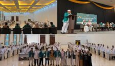 Owner Arasy Tour Indonesia, Ustaz Andre Satria, bersama narasumber dan calon jemaah saat pelaksanaan Manasik Umrah Arasy Tour Indonesia di Grand Semagi Hotel Bungo, Sabtu (11/7/2026).(poto: jambiprima.com)
