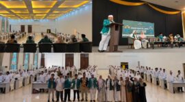 Owner Arasy Tour Indonesia, Ustaz Andre Satria, bersama narasumber dan calon jemaah saat pelaksanaan Manasik Umrah Arasy Tour Indonesia di Grand Semagi Hotel Bungo, Sabtu (11/7/2026).(poto: jambiprima.com)