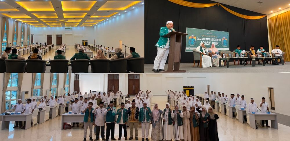 Owner Arasy Tour Indonesia, Ustaz Andre Satria, bersama narasumber dan calon jemaah saat pelaksanaan Manasik Umrah Arasy Tour Indonesia di Grand Semagi Hotel Bungo, Sabtu (11/7/2026).(poto: jambiprima.com)