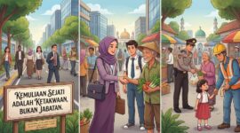 Ilustrasi kemuliaan sejati lahir dari ketakwaan dan kerendahan hati, bukan sekadar harta, jabatan, atau profesi duniawi.(poto: AI).