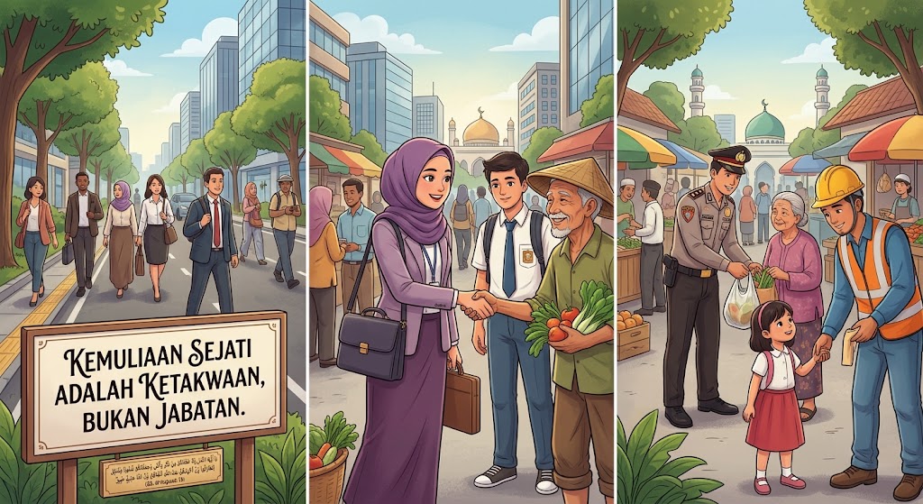 Ilustrasi kemuliaan sejati lahir dari ketakwaan dan kerendahan hati, bukan sekadar harta, jabatan, atau profesi duniawi.(poto: AI).