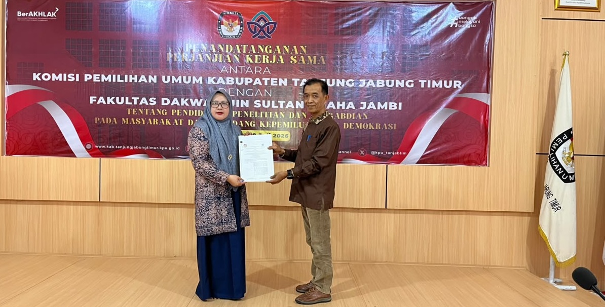 Fakultas Dakwah Universitas Islam Negeri Sulthan Thaha Saifuddin Jambi resmi menjalin kerja sama UIN Jambi dengan Komisi Pemilihan Umum Kabupaten Tanjung Jabung Timur.(poto: uinjambi.ac.id).