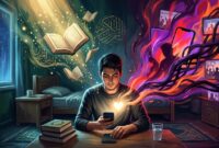Ilustrasi seorang pemuda menundukkan pandangan dari godaan layar gawai demi menjaga kemurnian hati dan ketenangan iman.(poto: AI).