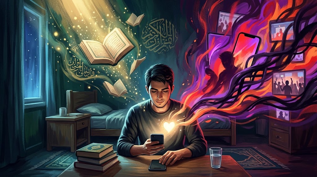 Ilustrasi seorang pemuda menundukkan pandangan dari godaan layar gawai demi menjaga kemurnian hati dan ketenangan iman.(poto: AI).