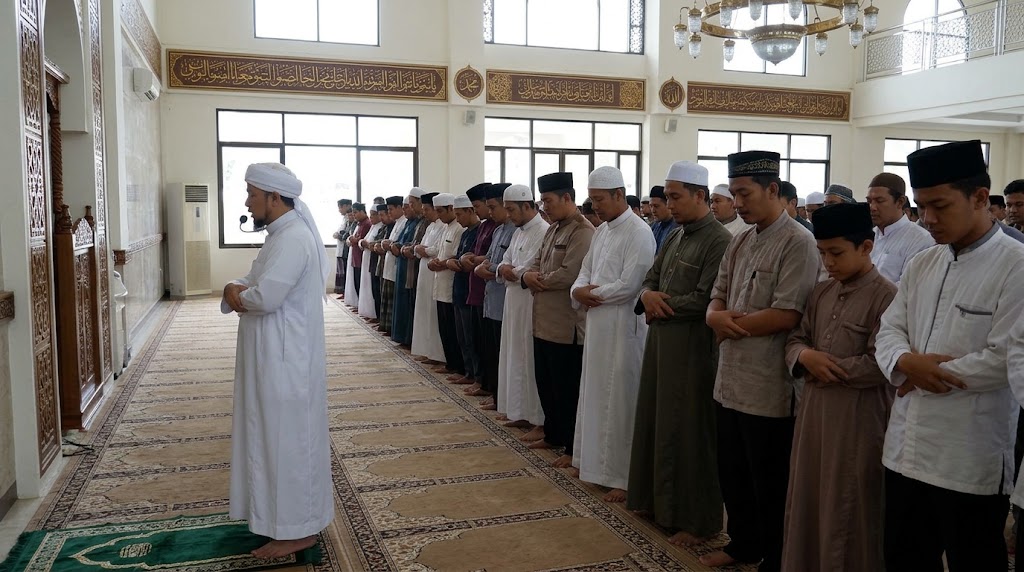 Ilustrasi Seorang imam memimpin shalat berjamaah dengan khusyuk di saf terdepan sebuah masjid.(poto: AI).