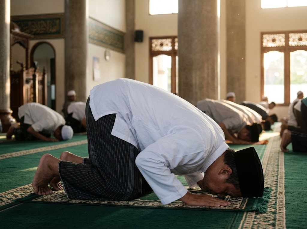 Ilustrasi Jemaah pria bersujud khusyuk di atas karpet masjid saat menunaikan ibadah shalat berjamaah.(poto: AI).
