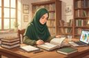 Ilustrasi wanita Muslimah mempelajari fikih darah kewanitaan melalui kitab klasik dan literatur ilmiah di perpustakaan.(poto: AI).