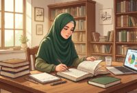 Ilustrasi wanita Muslimah mempelajari fikih darah kewanitaan melalui kitab klasik dan literatur ilmiah di perpustakaan.(poto: AI).