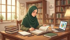Ilustrasi wanita Muslimah mempelajari fikih darah kewanitaan melalui kitab klasik dan literatur ilmiah di perpustakaan.(poto: AI).
