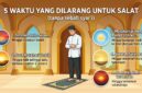 Infografik panduan fikih lima waktu terlarang untuk salat tanpa sebab syar'i disertai ilustrasi posisi matahari.(poto: AI).