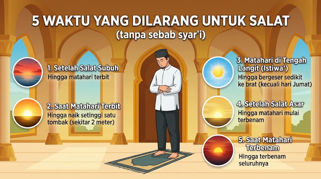 Infografik panduan fikih lima waktu terlarang untuk salat tanpa sebab syar'i disertai ilustrasi posisi matahari.(poto: AI).