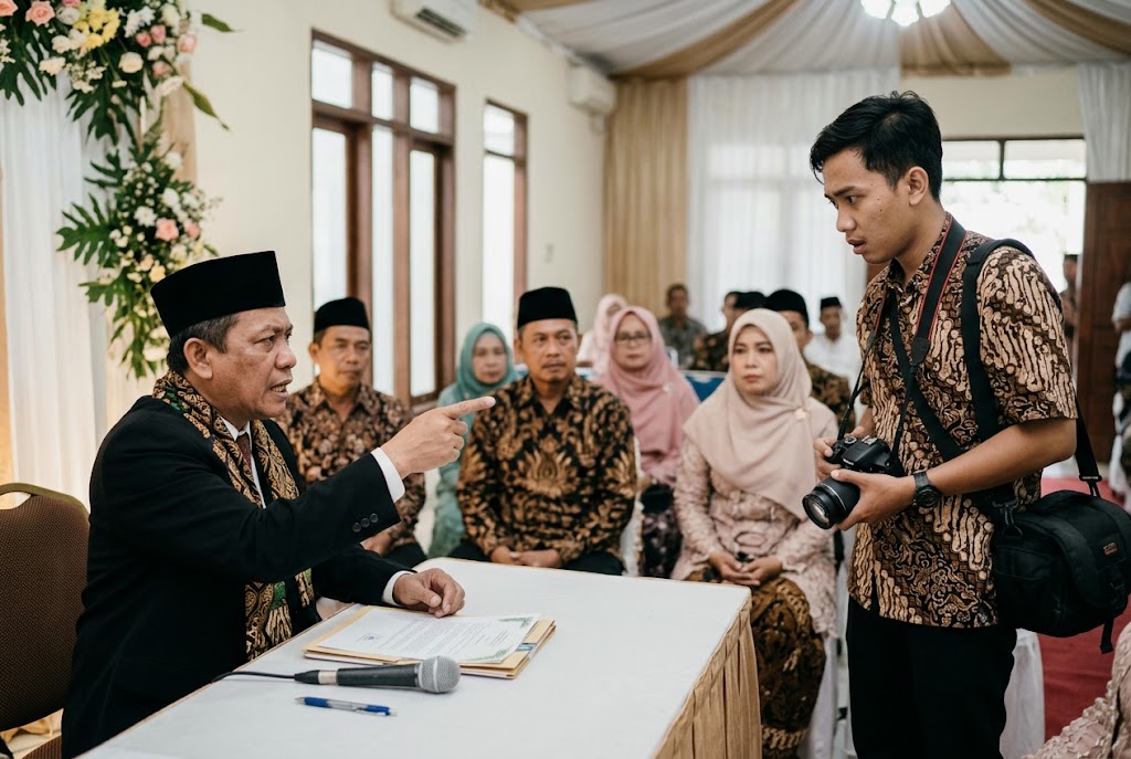 Ilustrasi Seorang penghulu menegur fotografer saat prosesi akad nikah di Mojokerto, memicu diskusi tentang etika dan rendah hati.(poto: AI).