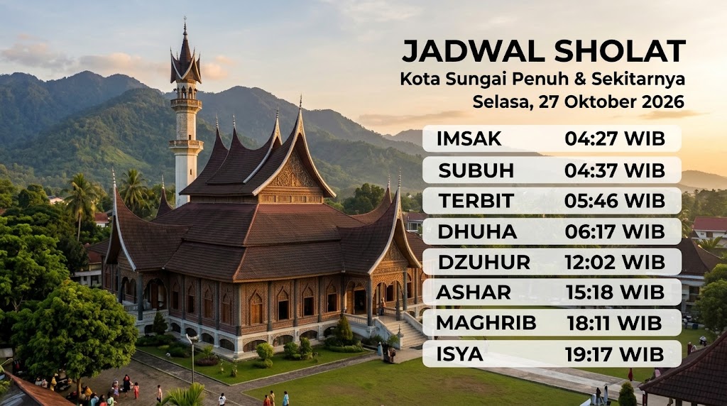 Infografis jadwal sholat wilayah Kota Sungai Penuh dan sekitarnya untuk hari Selasa, 27 Oktober 2026.(poto: AI).