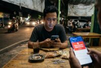 Ilustrasi: Seorang pria cemas memeriksa ponselnya saat kehabisan pulsa di sebuah warkop malam hari di pinggir jalan Jakarta.(poto: AI).