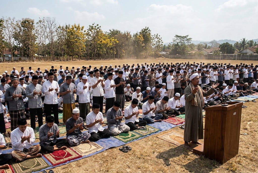 Ratusan warga gelar salat istisqa di lapangan kering, memanjatkan doa bersama memohon turunnya hujan di tengah kemarau.(ilustrasi poto: AI).