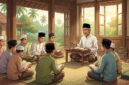 Ilustrasi Suasana belajar kitab kuning Matan Taqrib tentang bersuci bersama kiai dan santri di serambi pesantren yang damai.(poto: AI).