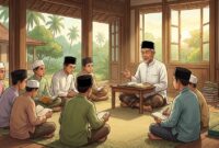 Ilustrasi Suasana belajar kitab kuning Matan Taqrib tentang bersuci bersama kiai dan santri di serambi pesantren yang damai.(poto: AI).