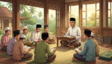 Ilustrasi Suasana belajar kitab kuning Matan Taqrib tentang bersuci bersama kiai dan santri di serambi pesantren yang damai.(poto: AI).