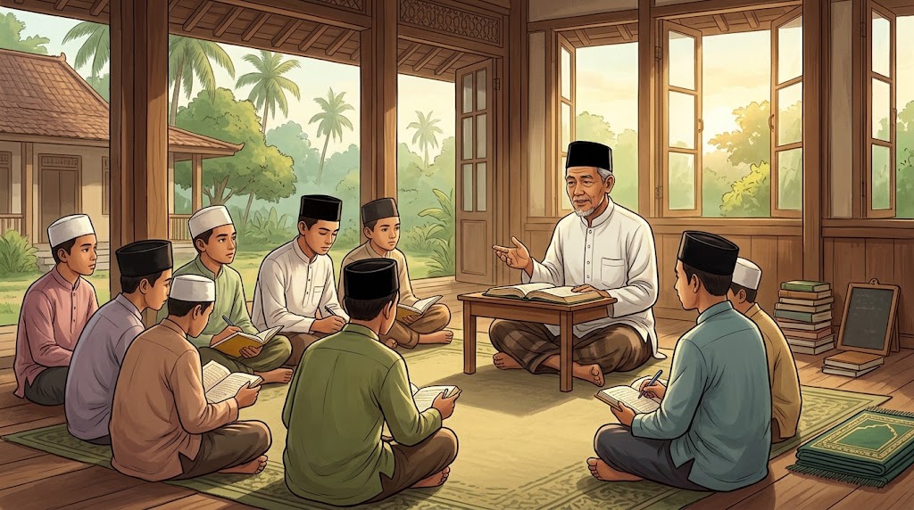Ilustrasi Suasana belajar kitab kuning Matan Taqrib tentang bersuci bersama kiai dan santri di serambi pesantren yang damai.(poto: AI).