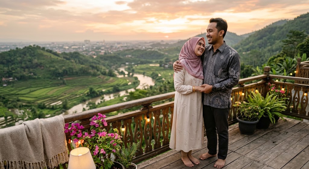Momen romantis pasangan suami istri menikmati panorama senja bersama dengan penuh cinta, ketulusan, serta kehangatan.(ilustrasi poto: AI).
