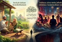 Ilustrasi: Kontras berkah kesederhanaan keluarga Muslim (kiri) dan gelapnya jebakan istidraj kemewahan maksiat (kanan).(poto: AI).