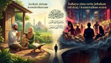 Ilustrasi: Kontras berkah kesederhanaan keluarga Muslim (kiri) dan gelapnya jebakan istidraj kemewahan maksiat (kanan).(poto: AI).