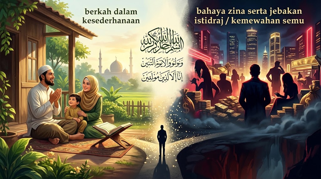 Ilustrasi: Kontras berkah kesederhanaan keluarga Muslim (kiri) dan gelapnya jebakan istidraj kemewahan maksiat (kanan).(poto: AI).
