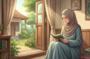 Ilustrasi wanita muslimah berbusana sederhana membaca Al-Qur'an dengan khusyuk di rumah saat menjalani masa idah.(poto: AI).