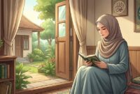 Ilustrasi wanita muslimah berbusana sederhana membaca Al-Qur'an dengan khusyuk di rumah saat menjalani masa idah.(poto: AI).