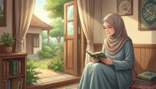 Ilustrasi wanita muslimah berbusana sederhana membaca Al-Qur'an dengan khusyuk di rumah saat menjalani masa idah.(poto: AI).