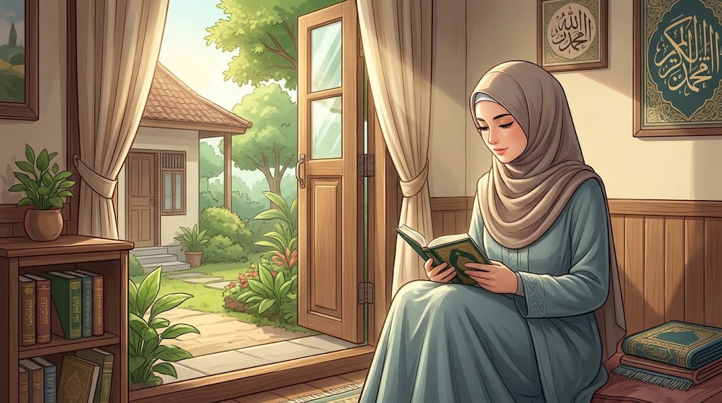 Ilustrasi wanita muslimah berbusana sederhana membaca Al-Qur'an dengan khusyuk di rumah saat menjalani masa idah.(poto: AI).