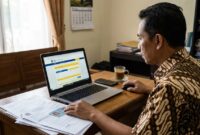 Ilustrasi wajib pajak sedang mengakses portal DJP Online di laptop untuk memenuhi kewajiban pelaporan dan pembayaran pajak negara.(poto: AI).