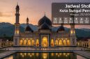 Kemegahan masjid berlatar senja dengan informasi jadwal sholat lengkap wilayah Kota Sungai Penuh, Minggu, 25/10/2026.(poto: AI).