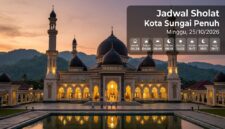 Kemegahan masjid berlatar senja dengan informasi jadwal sholat lengkap wilayah Kota Sungai Penuh, Minggu, 25/10/2026.(poto: AI).