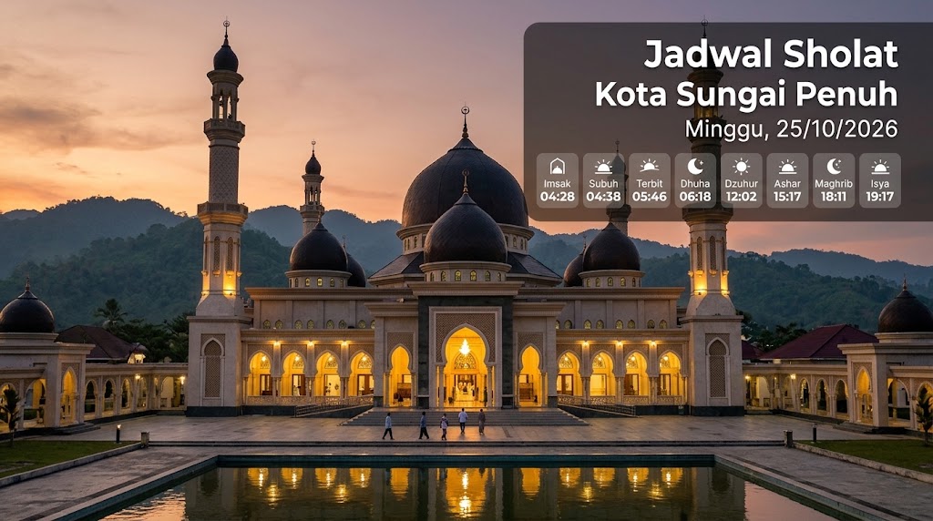 Kemegahan masjid berlatar senja dengan informasi jadwal sholat lengkap wilayah Kota Sungai Penuh, Minggu, 25/10/2026.(poto: AI).