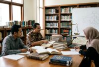 Peneliti mengkaji teks dan teori filsafat di perpustakaan guna menimbang keabsahan serta metodologi tafsir Alquran.(poto: AI).