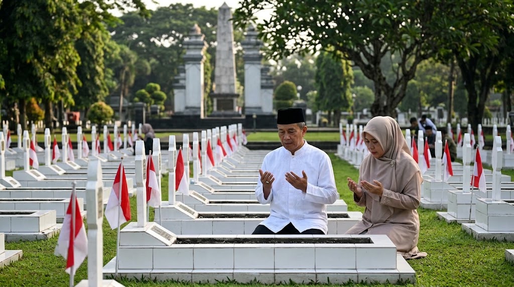 Ilustrasi Warga memanjatkan doa khidmat di depan makam pahlawan saat peringatan Hari Pahlawan di Taman Makam Pahlawan (TMP).(poto: AI).